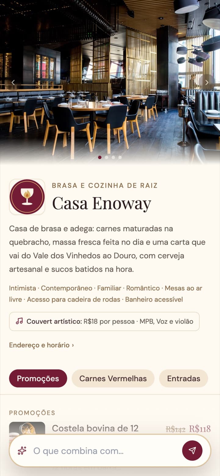 Cardápio da Casa Enoway no celular: fotos do salão, couvert e a barra da Enoway IA.