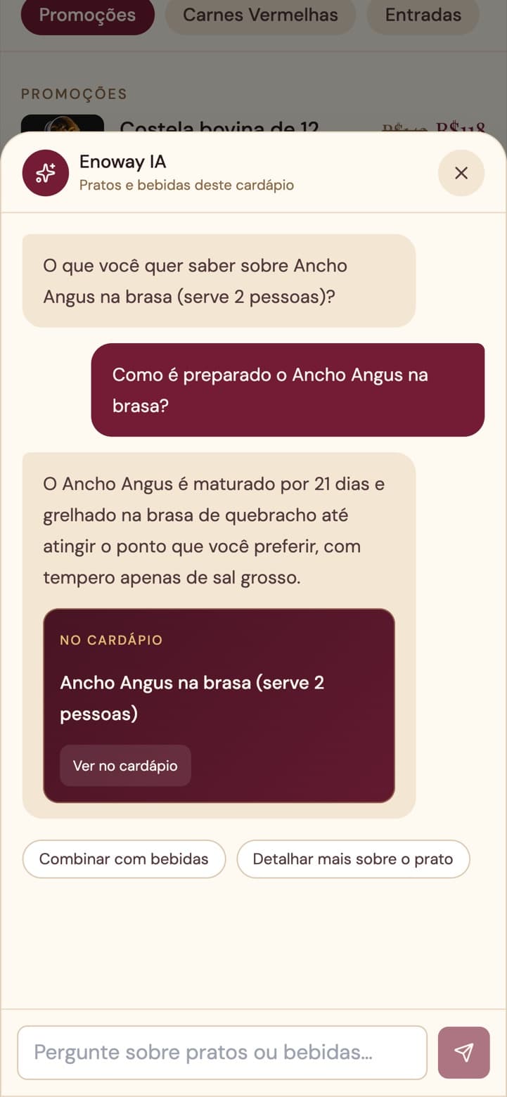 Convidado pergunta como o ancho é preparado; a Enoway IA responde com a maturação, a brasa e o tempero.