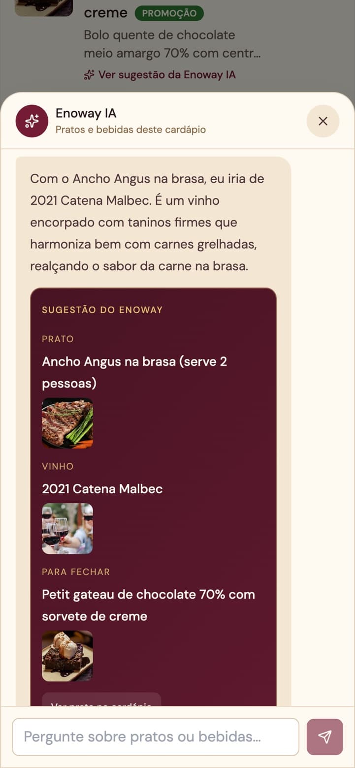 Enoway IA sugerindo Ancho Angus na brasa com um Malbec e sobremesa para fechar.